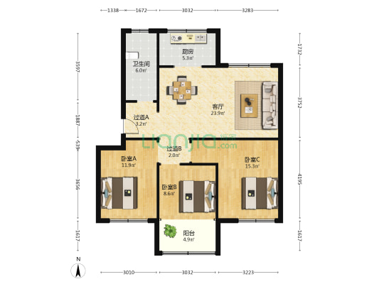 凤鸣新城里社区 3室1厅1卫 97平方