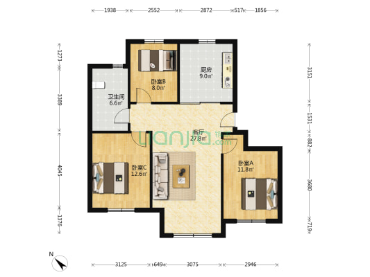 青果青城莹波苑 3室1厅1卫 105平方
