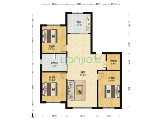 蓝色港湾四期 3室1厅1卫 130平方