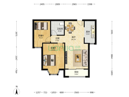 大名城A区康郡 2室1厅1卫 83平方