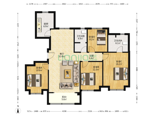 天铂澜园 4室1厅2卫 138平方