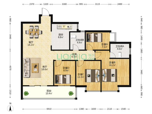 新迎新城 4室2厅2卫 138平方