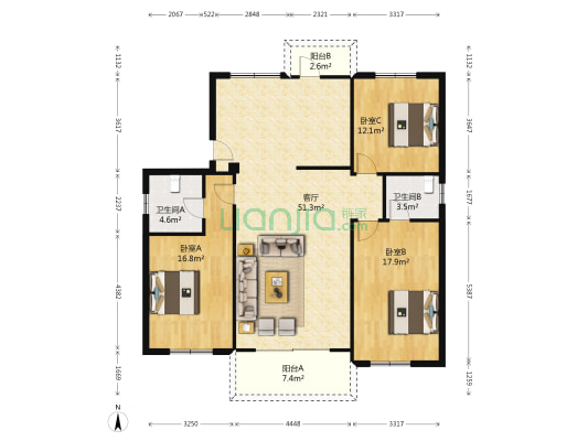 梧桐花园 3室1厅2卫 128平方