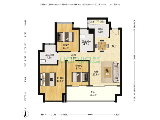 中京禧园 3室1厅2卫 97平方