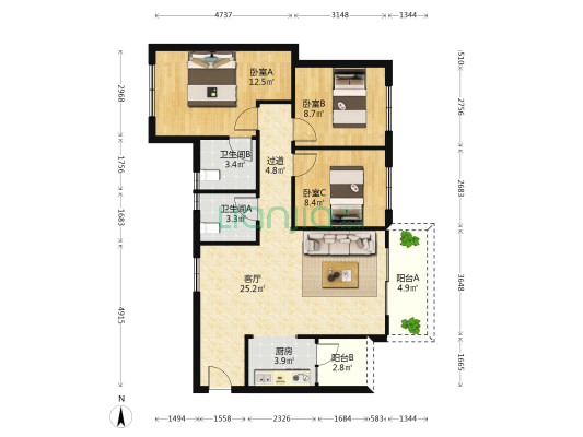 棠湖泊悦西江 3室1厅2卫 94平方
