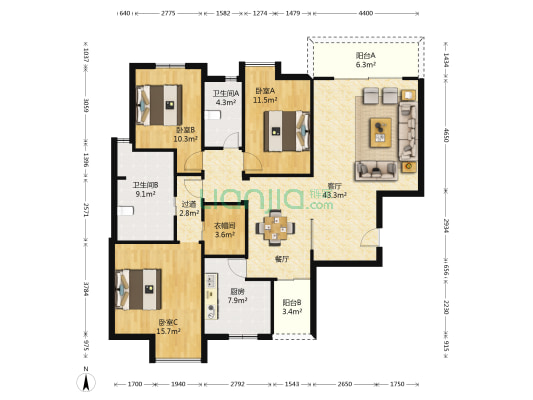海峡国际社区四期 3室1厅2卫 152平方