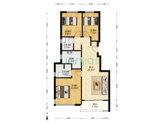 溪谷岚湾 3室1厅2卫 88平方