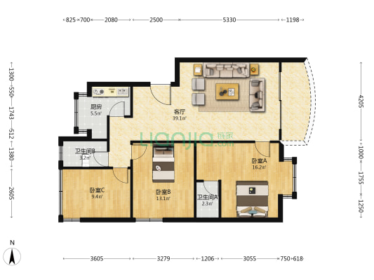 幸福楼 3室1厅2卫 100平方