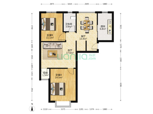 江海名都 2室2厅1卫 90平方