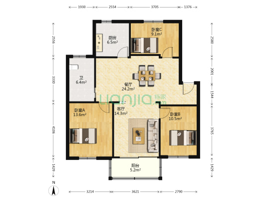 长安南小区 3室2厅1卫 107平方