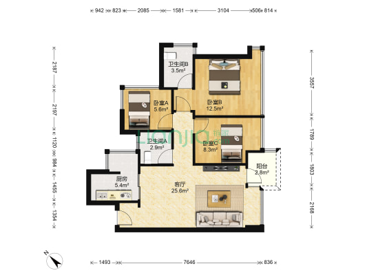 珑门 3室1厅2卫 81平方