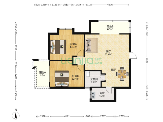 中旅大厦 2室1厅1卫 104平方