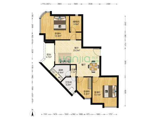 新光城市广场 3室1厅1卫 98平方