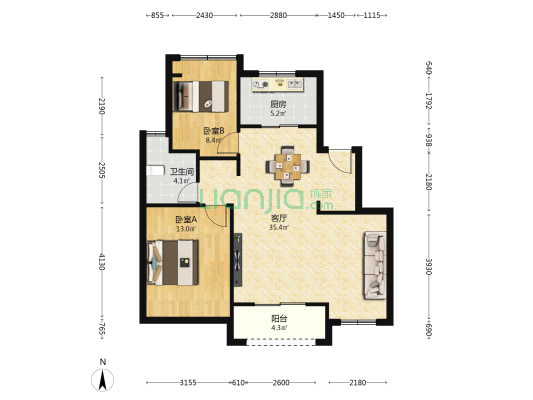 大家美颂 2室1厅1卫 88平方