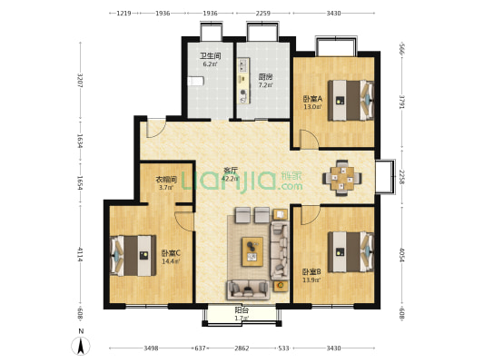 旺增公寓 3室1厅1卫 128平方