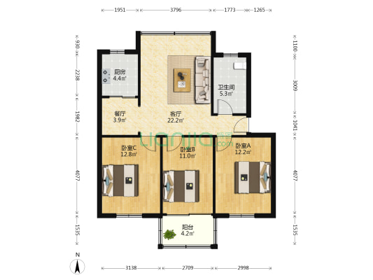 真合里 3室2厅1卫 90平方