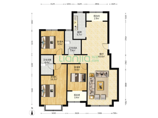 七十年大产权   集中供暖   三居-户型图