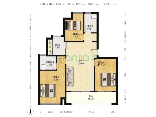 越秀·云萃悦庭 3室1厅2卫 93平方