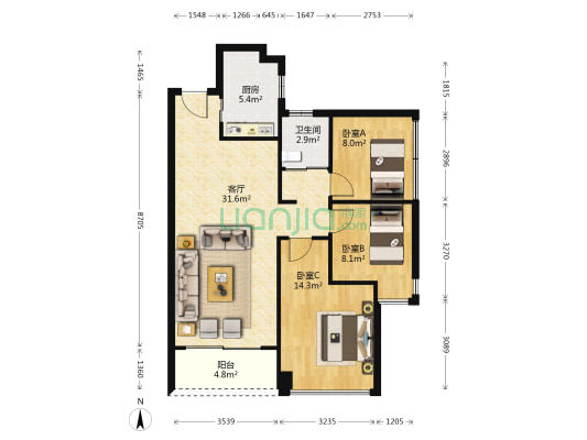 碧桂园湖光山色 3室1厅1卫 95平方