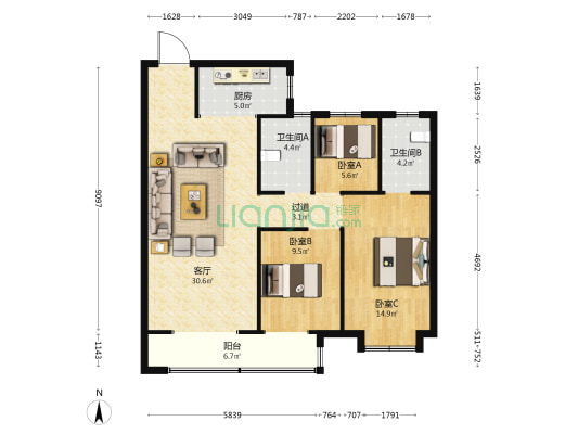 汉光悦府 3室1厅2卫 115平方
