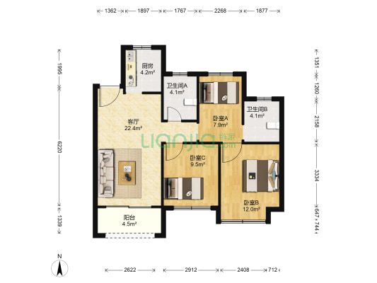 欣苑 3室1厅2卫 89平方