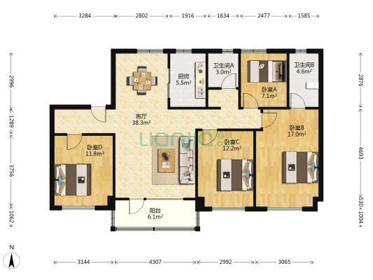 时代景园 4室1厅2卫 145平方