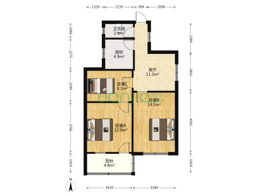 粮食局宿舍 3室1厅1卫 59平方