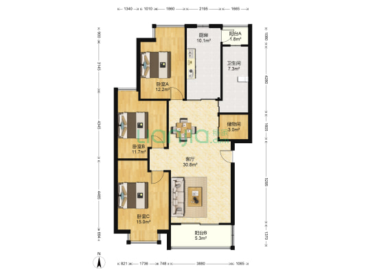 吉祥家园中宜苑 3室1厅1卫 113平方
