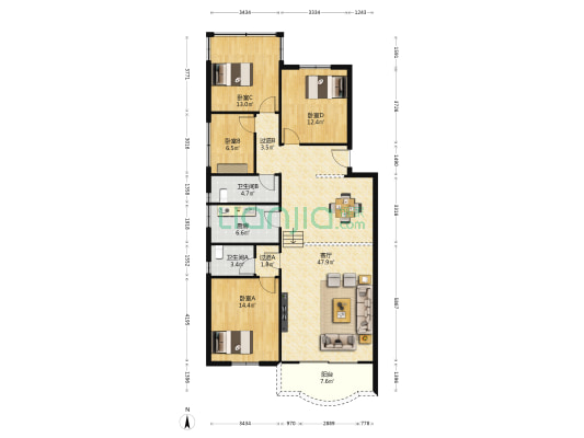 外经委宿舍 4室1厅2卫 139平方