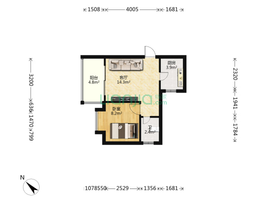 山水花城 1室1厅1卫 39平方