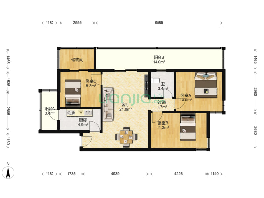 双紫小区 3室1厅1卫 104平方