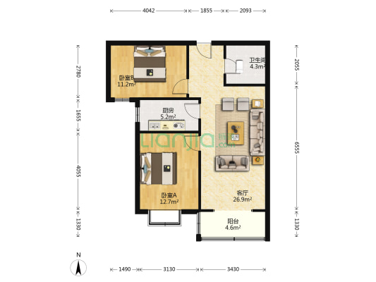 精装修 南向大两居 房本满二好楼层视野好-户型图
