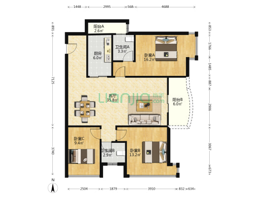 粮食大厦 3室1厅2卫 117平方