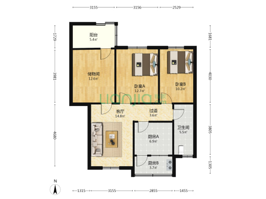 三里沟顺河街8号 2室1厅1卫 88平方