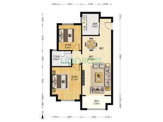 普华熙岸 2室1厅1卫 88平方