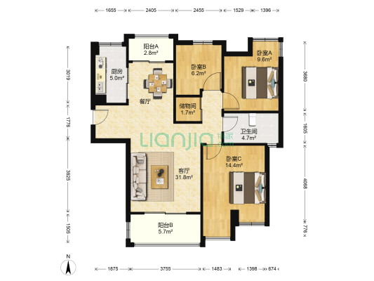 理想城市花园七期 3室1厅1卫 109平方