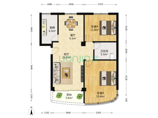 金楚小区 2室2厅1卫 86平方