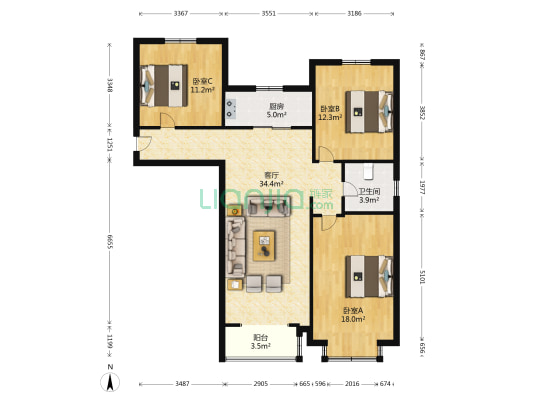 中冶浭阳锦园 3室1厅1卫 121平方