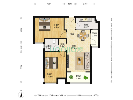 菱角湖万达广场C区 2室1厅1卫 90平方