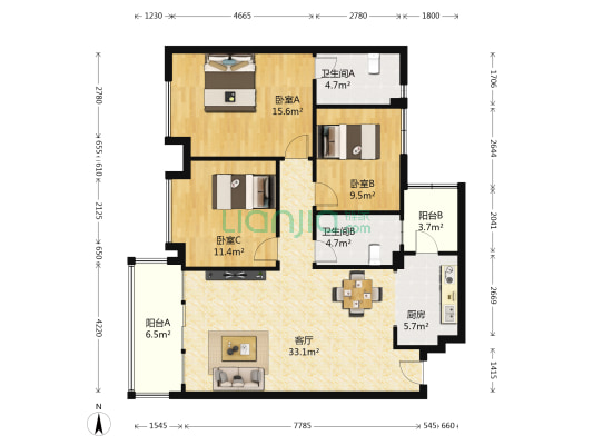 一品天下B区 3室1厅2卫 102平方