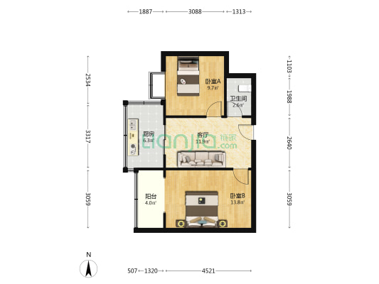 三五三八住宅院 2室1厅1卫 55平方