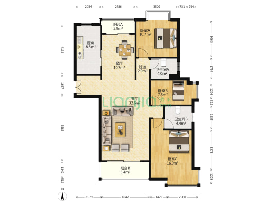 鸿旭豪苑 3室2厅2卫 135平方