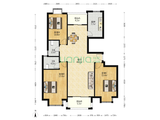 天山绿洲四期 3室1厅2卫 129平方