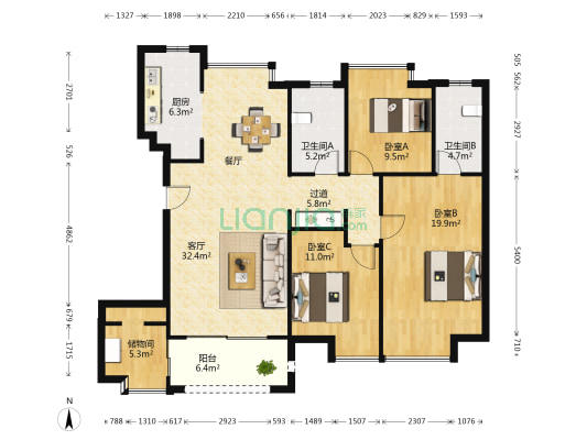 国贸天悦 3室1厅2卫 128平方
