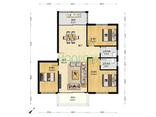 腾龙大厦 3室1厅2卫 113平方