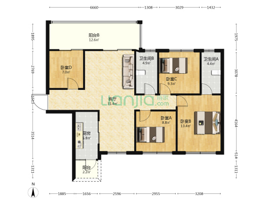 银河玺悦台 4室1厅2卫 119平方
