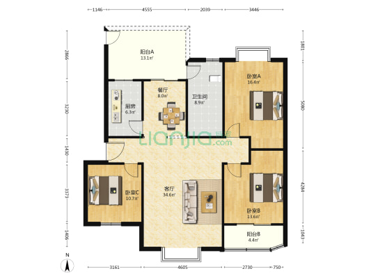 幸福37号院 3室2厅1卫 125平方