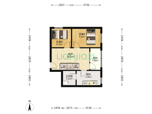 雅图阁 2室1厅1卫 56平方