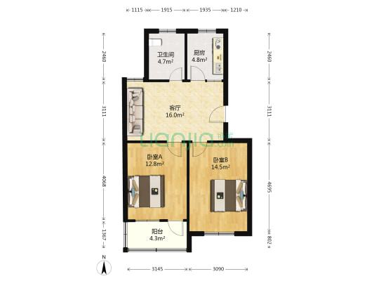 美华园 2室1厅1卫 68平方