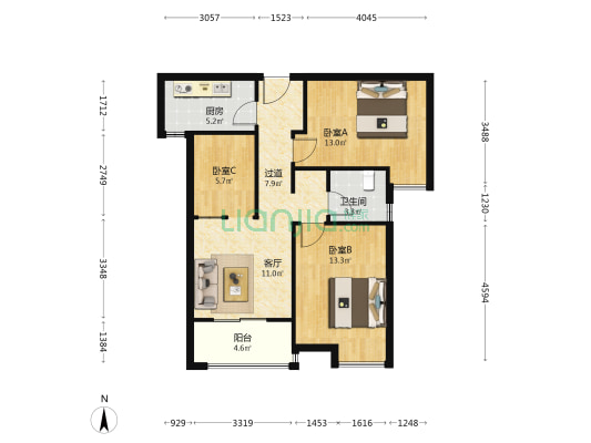 绿都上林府五区 3室1厅1卫 88平方